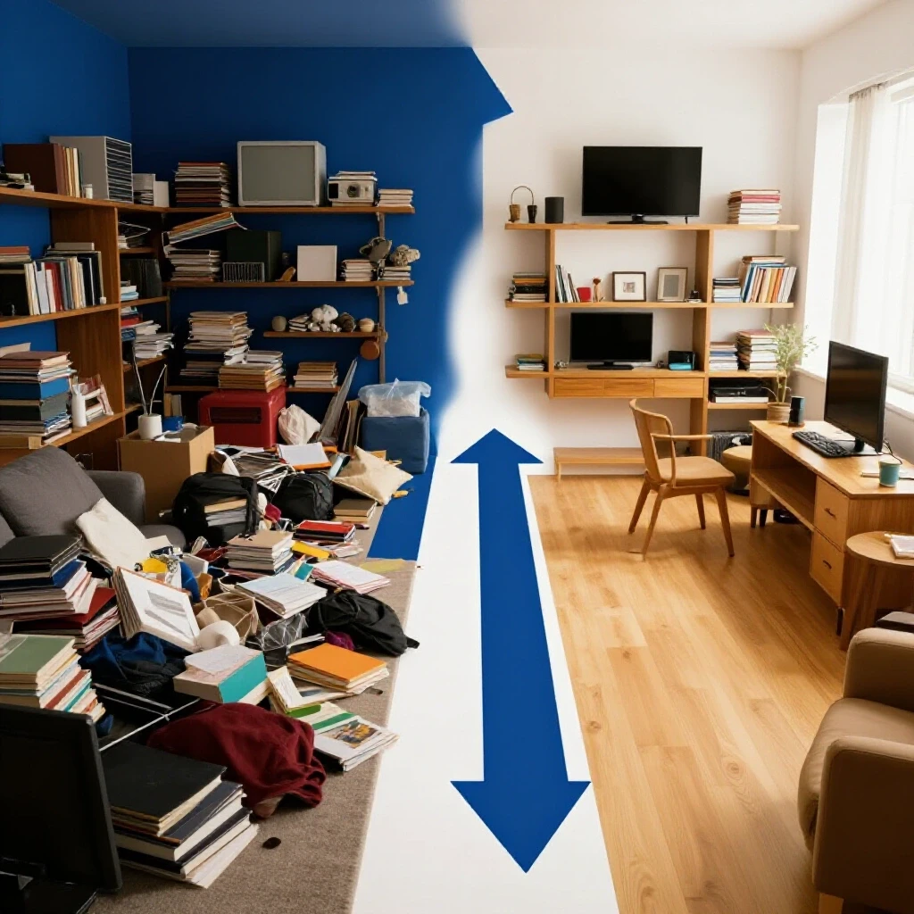 A contrasting image depicting a chaotic room on the left and an organized space on the right, symbolizing transformation.