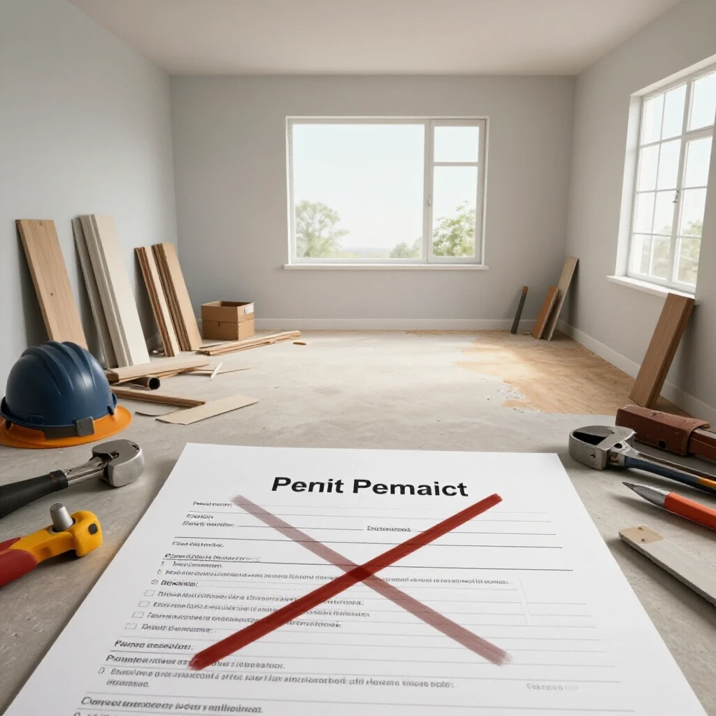 A visual representation of home renovation chaos versus calm with a crossed-out permit in focus.
