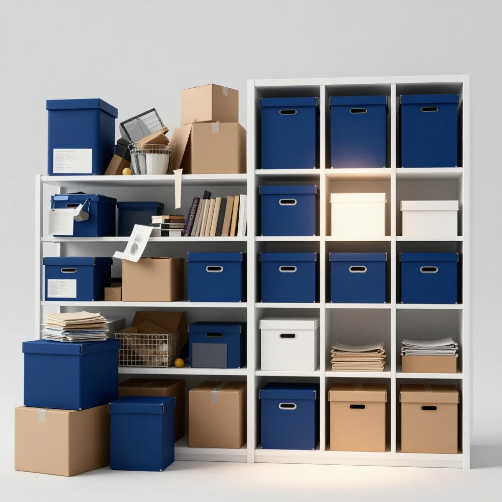 A split image showing chaotic storage clutter on one side contrasting with a minimalist organized storage setup on the other side.