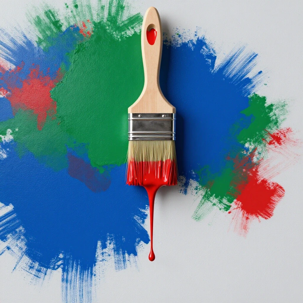 A vibrant and drab wall color contrast with a paintbrush dripping fresh paint symbolizes transformation in home renovations.