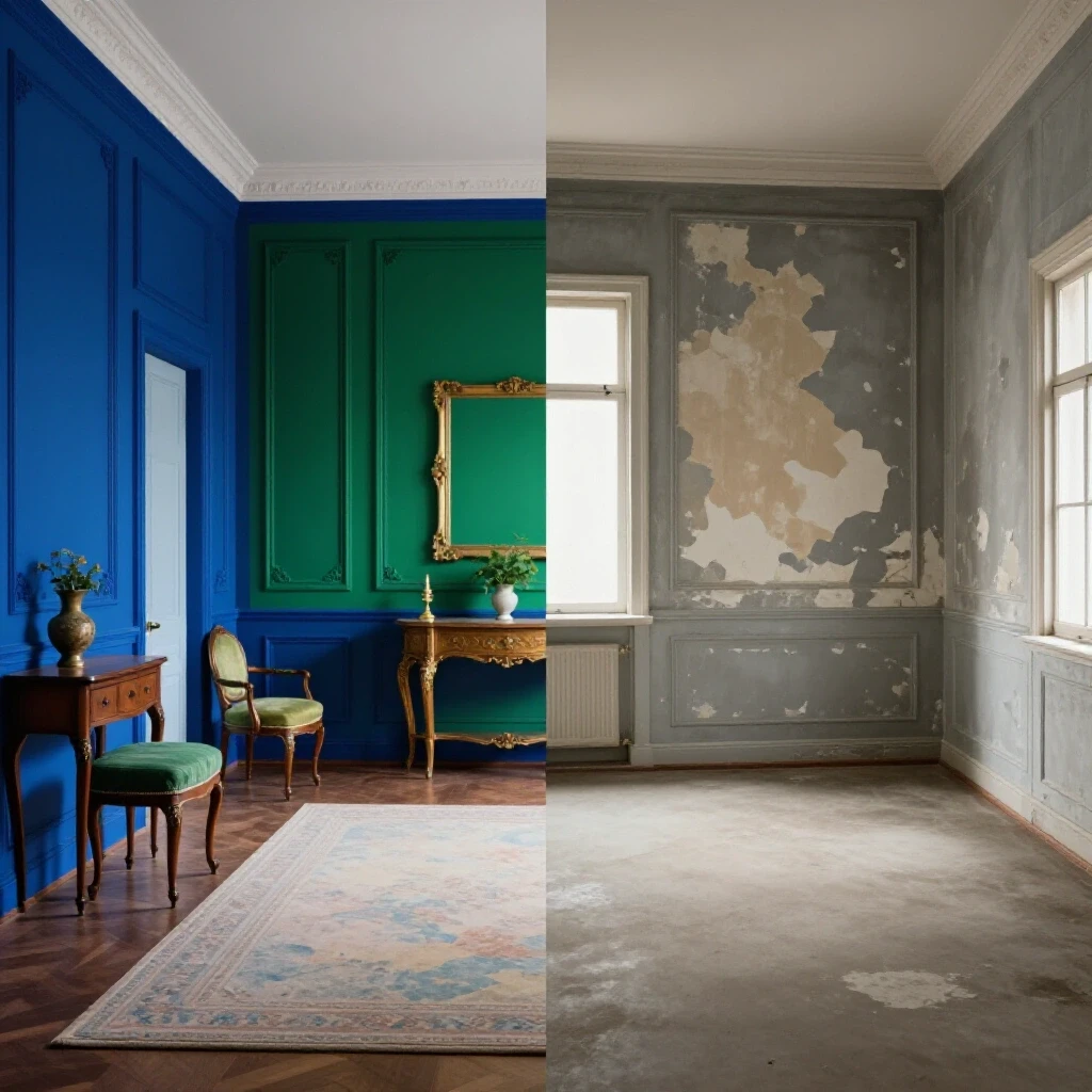 Split image showing a vibrant, beautifully painted room contrasting with a dull, peeling paint space symbolizing interior paint color regret.