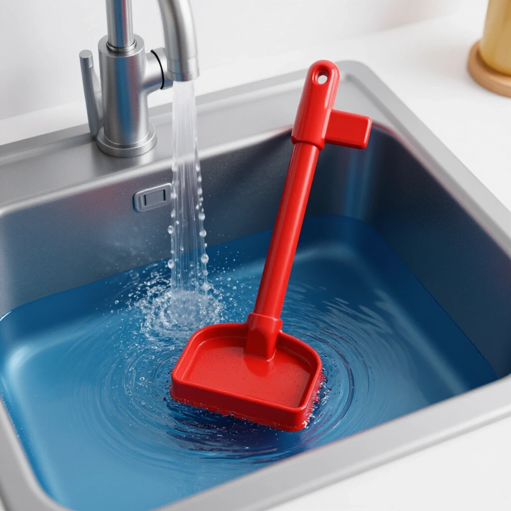 A vibrant kitchen sink overflowing with deep blue water and a bright red plunger prominently featured in front.