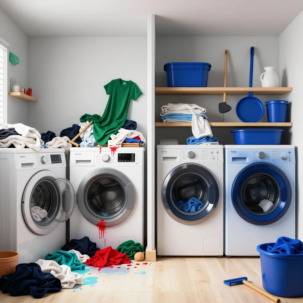 A split scene of a cluttered laundry room with leaks contrasted against a tidy area with tools for fixing leaks.