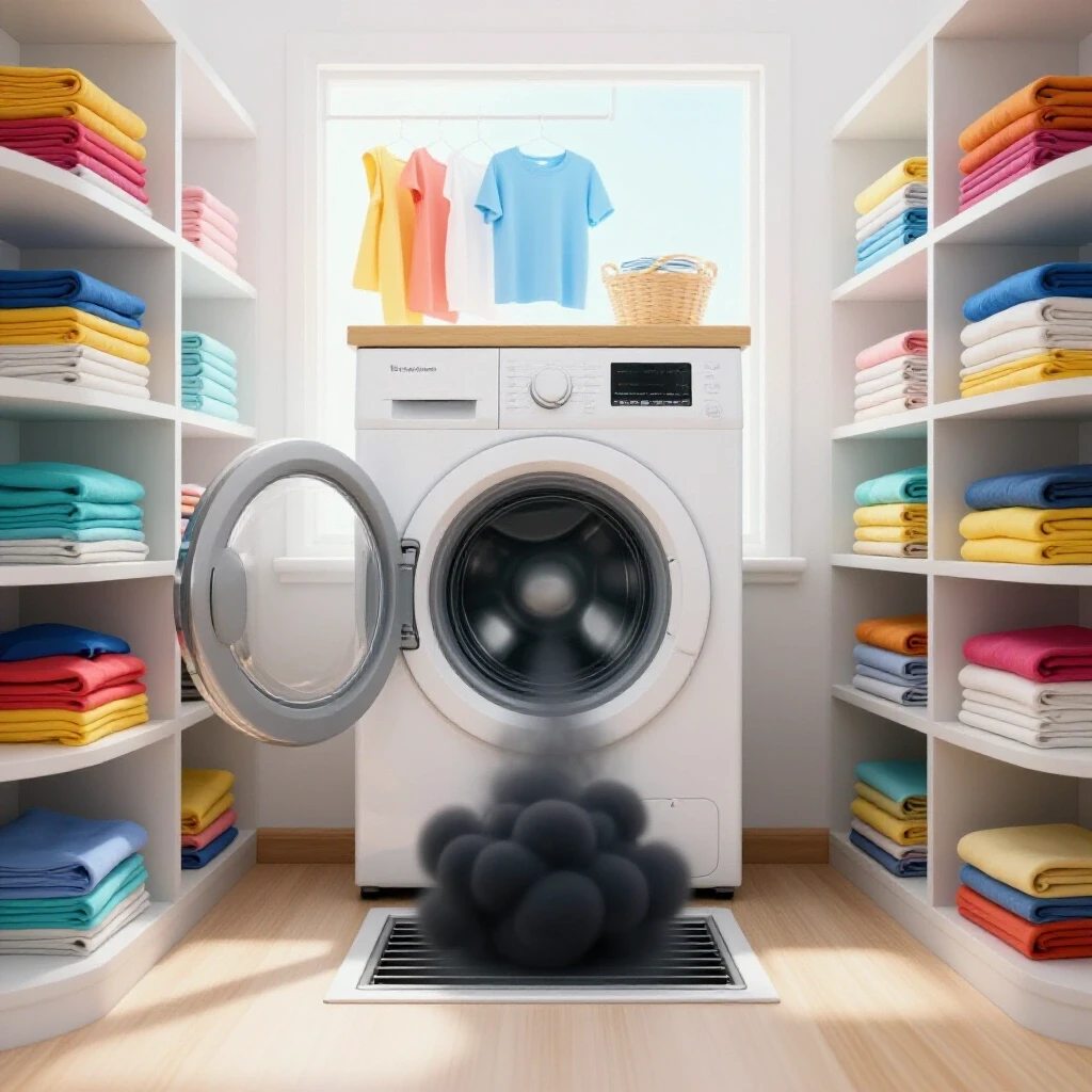 A vibrant laundry room with neatly folded clothes and a dark cloud of odor emerging from a vent, showing contrasting colors.