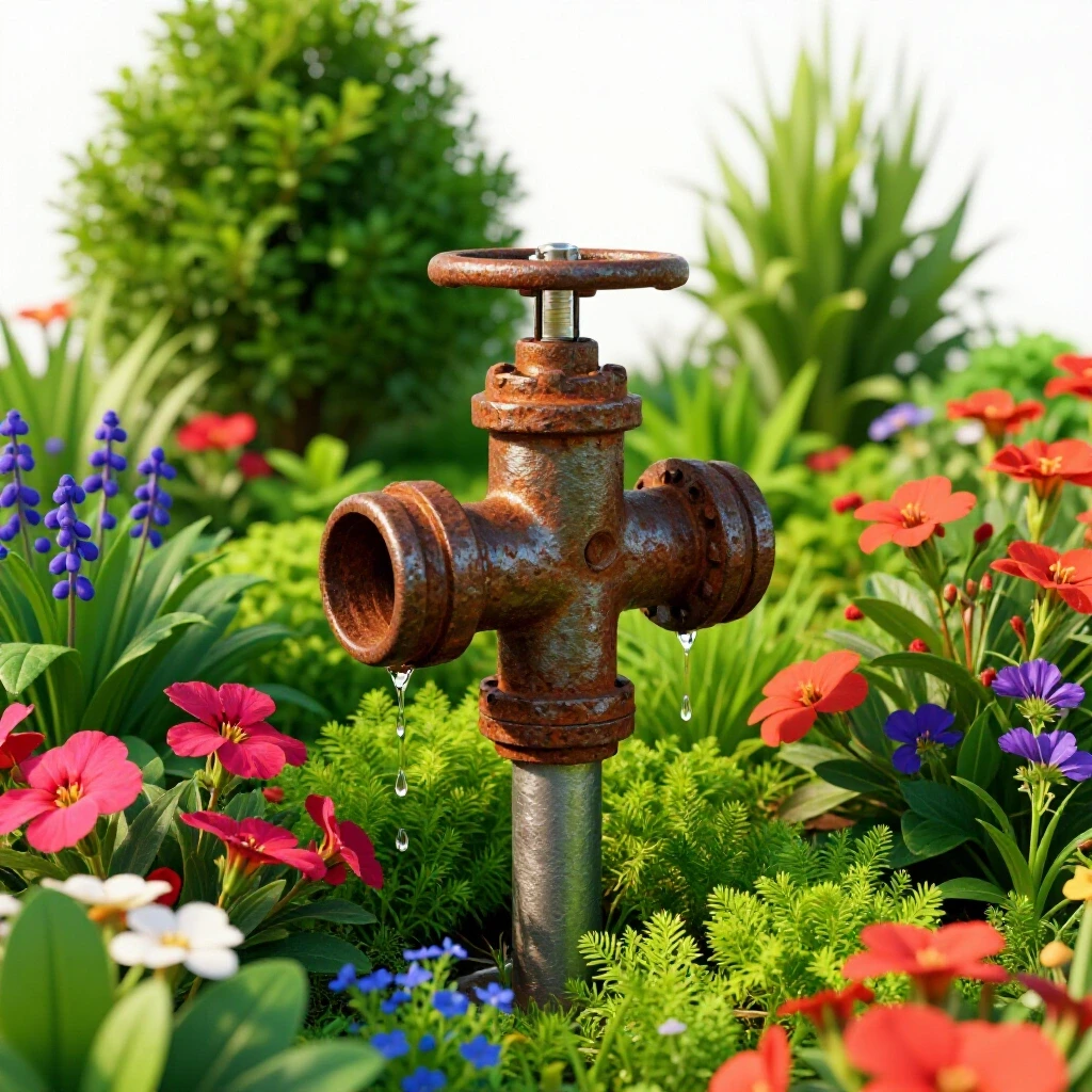 Close-up of a rusted outdoor hose bib dripping water in a vibrant garden setting with bright flowers and lush greens.