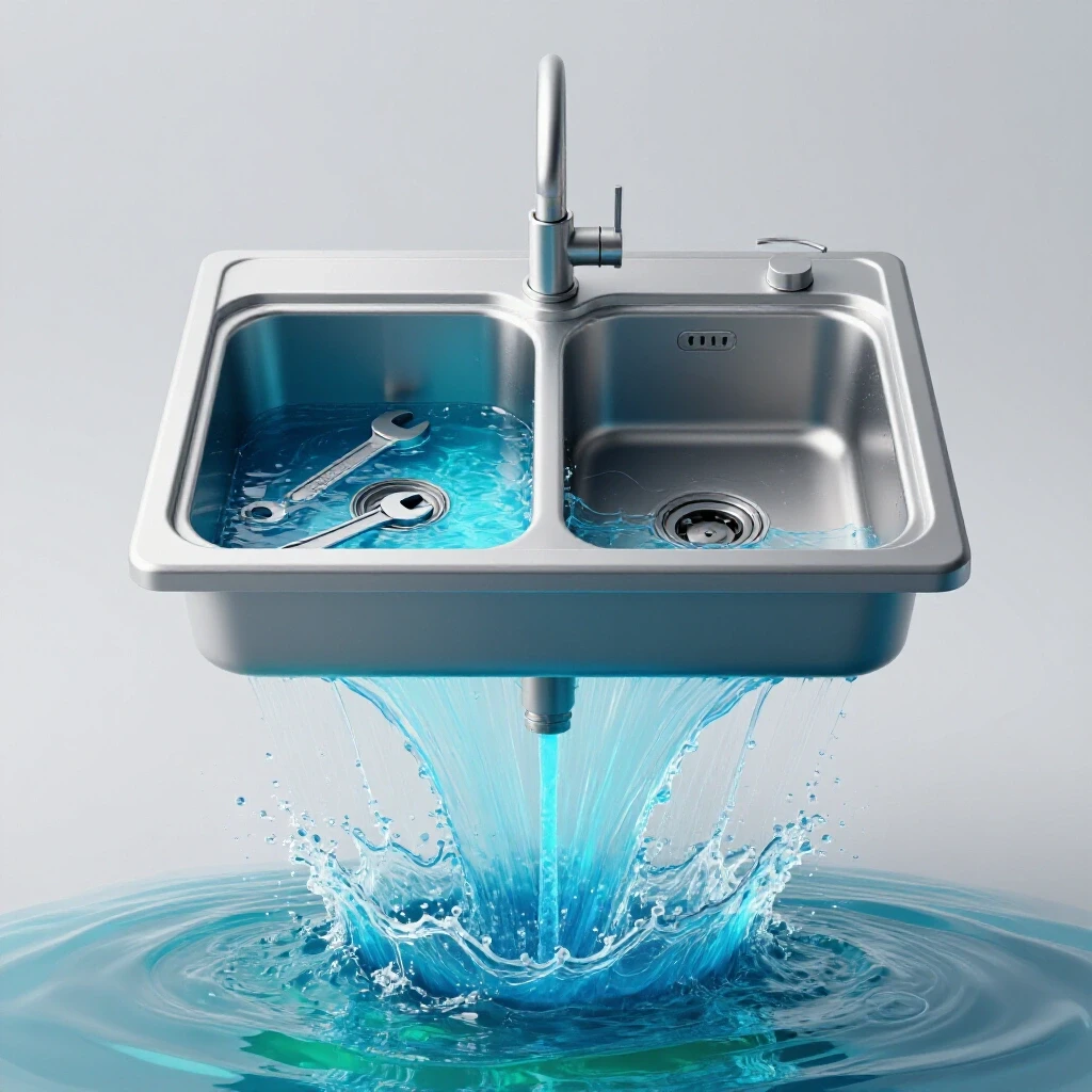 A striking kitchen sink above a chaotic water scene with tools floating, highlighting DIY tips for fixing leaks.