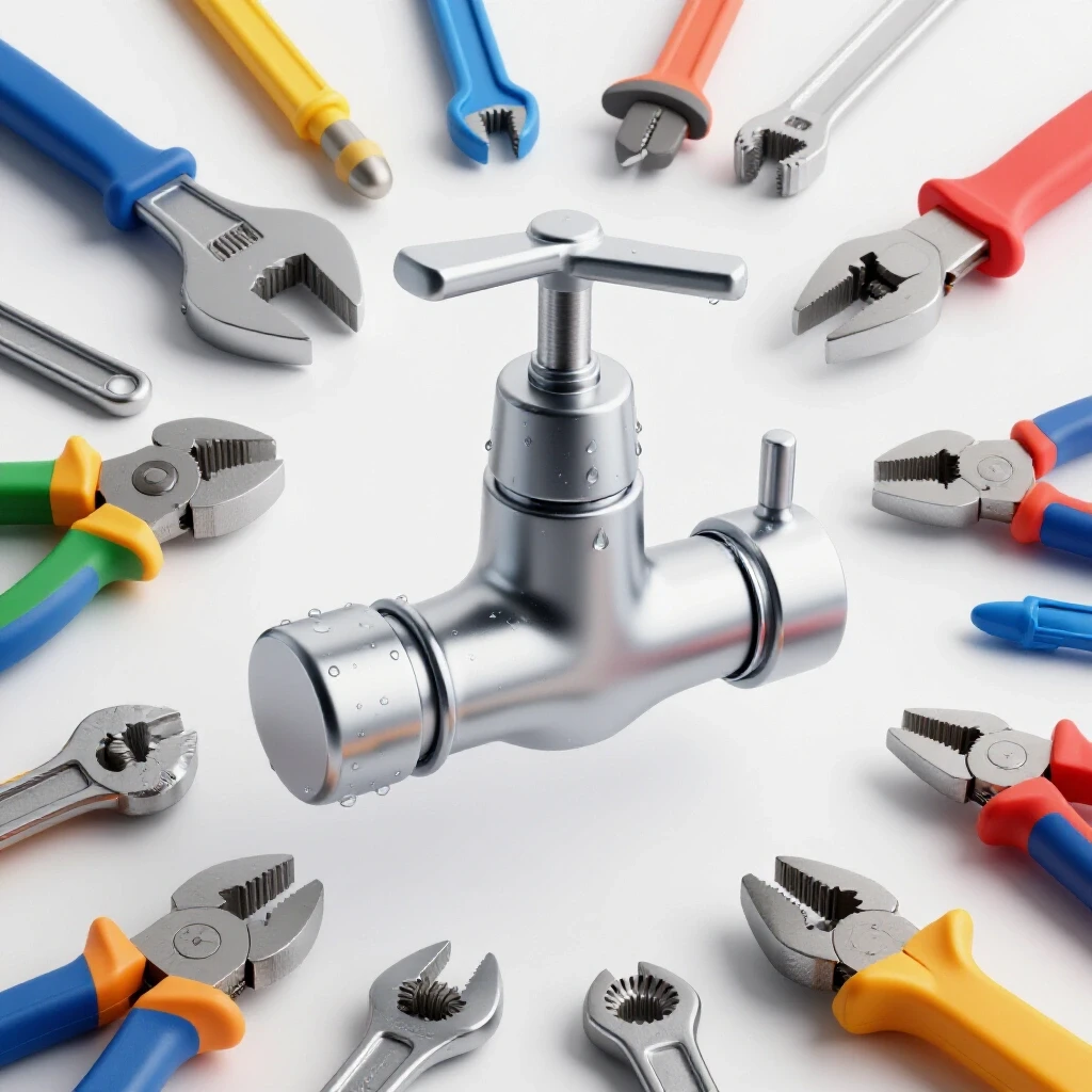 Close-up of a shiny, partially disassembled faucet with water droplets, surrounded by colorful DIY tools on a bright background.