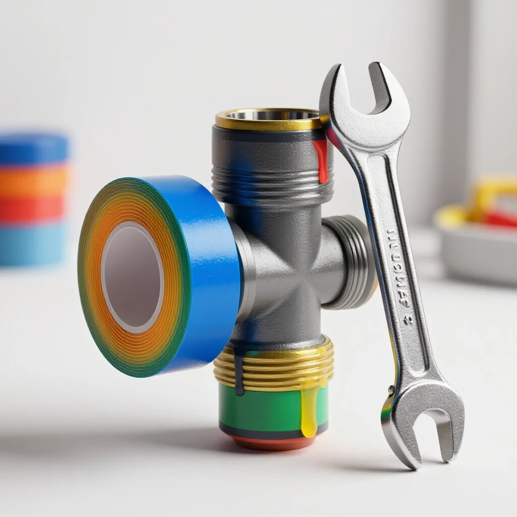 Close-up of a dripping pipe joint with colorful duct tape beside it, set in a bright studio environment.