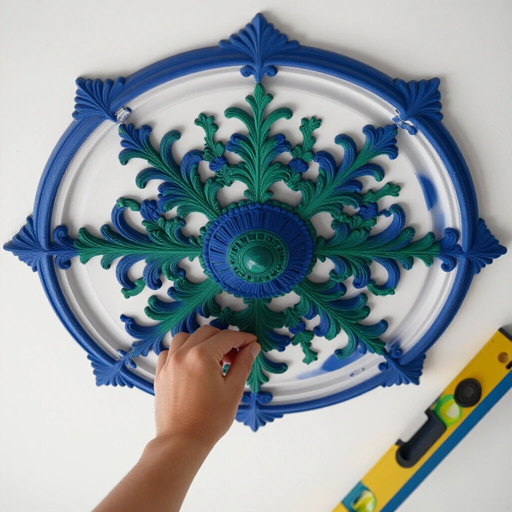 A close-up of an elegant ceiling medallion being secured, surrounded by tools on a plain ceiling.