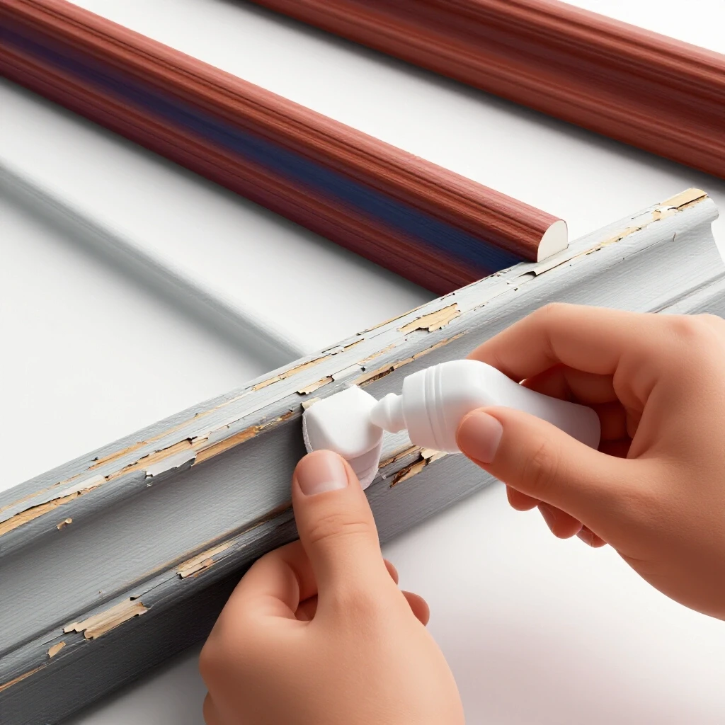 A hand applying repair adhesive to a weathered exterior trim, with a bright new trim in the background, showcasing renovation.