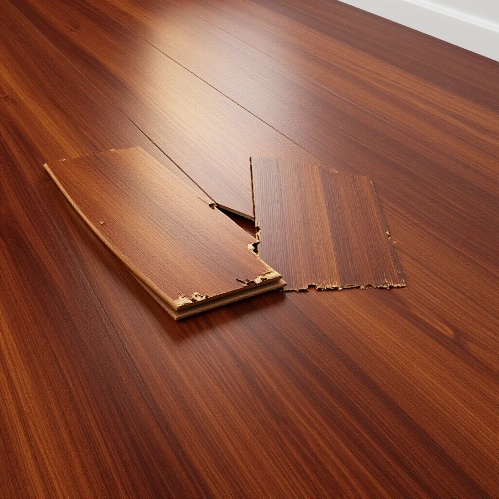 Close-up of a warped floorboard with a gap contrasted against a polished flooring section, highlighting renovation themes.