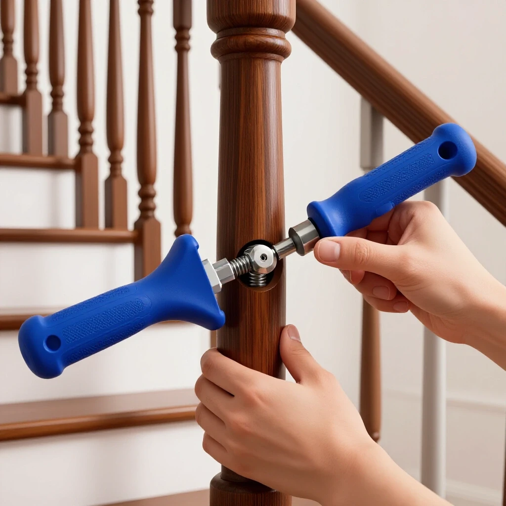 Close-up of a repair process for tightening a loose stair spindle on a beautifully decorated staircase.