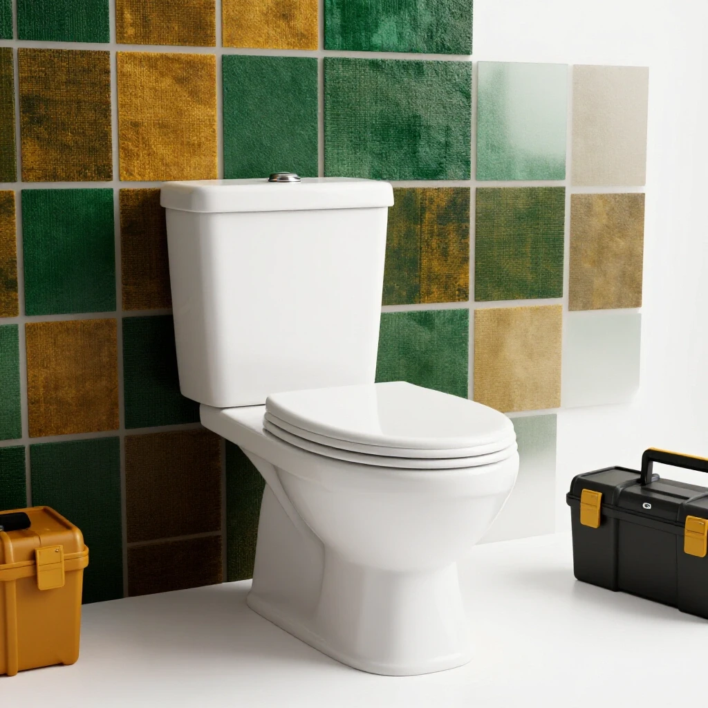 A stylish bathroom scene with a slightly askew toilet seat and tools, emphasizing a DIY approach to fixing it.