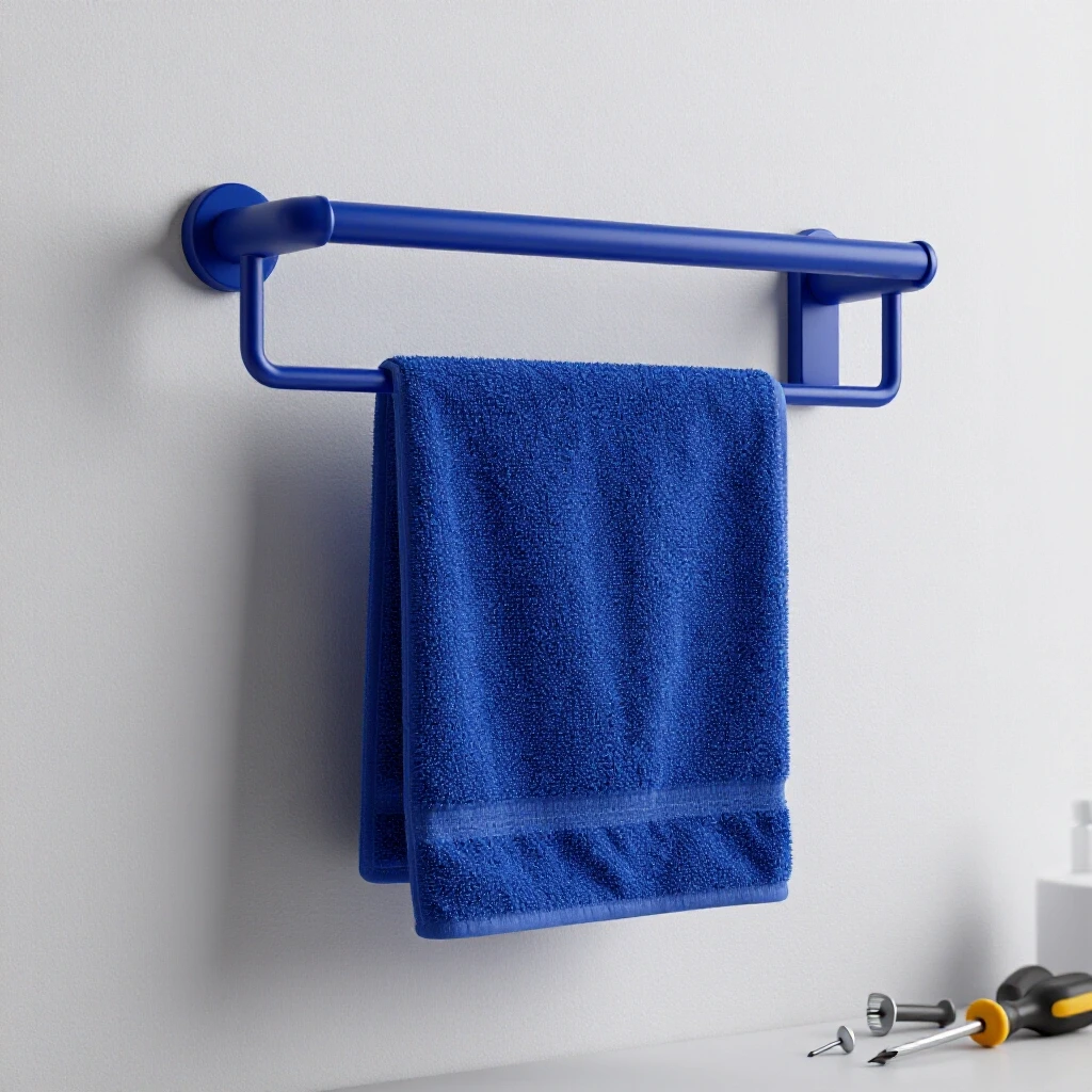 A close-up view of a partially detached deep blue towel rack on drywall with scattered tools like a screwdriver and wall anchors nearby.