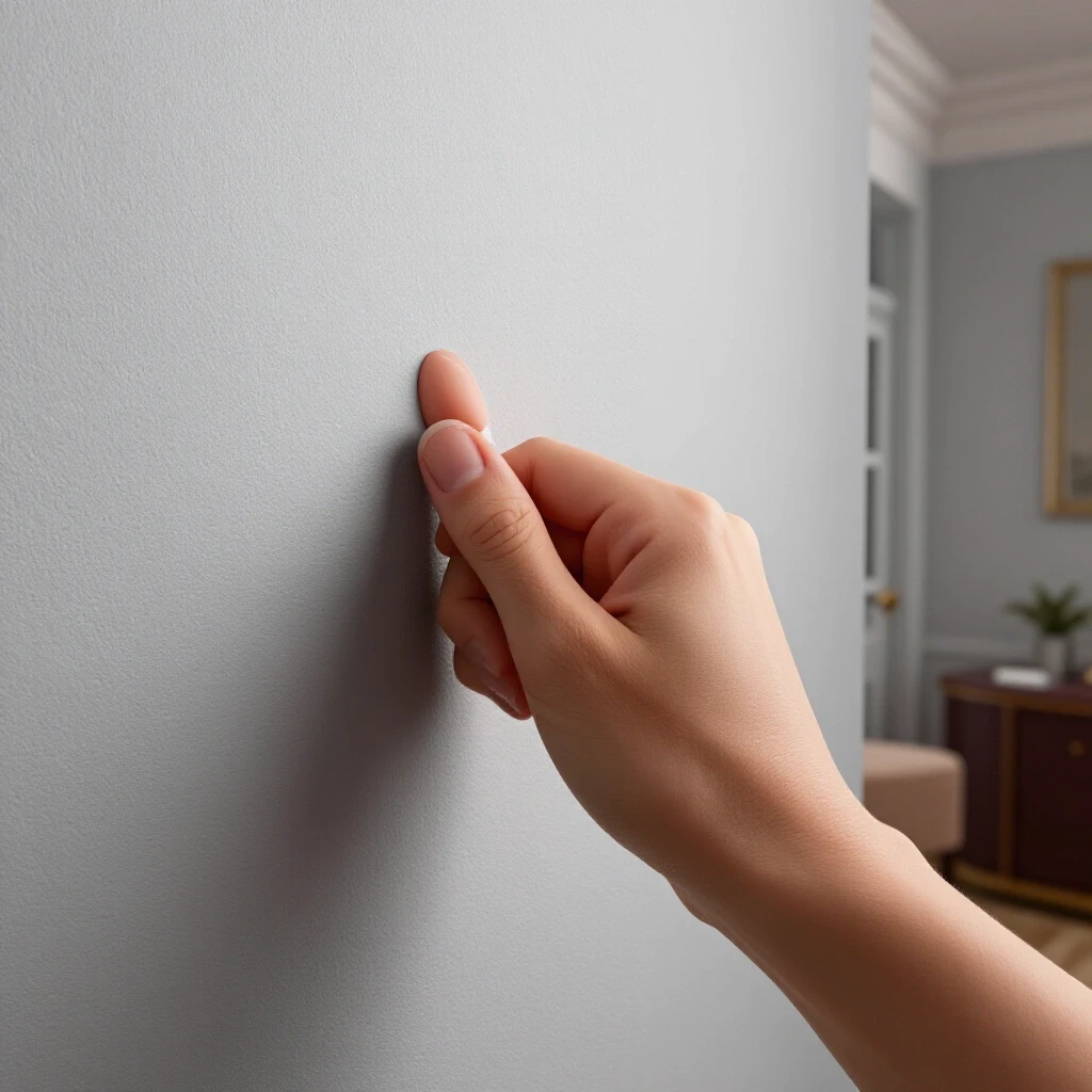 Close-up of a hand repairing a nail pop in a beautifully decorated room, with soft lighting highlighting details.
