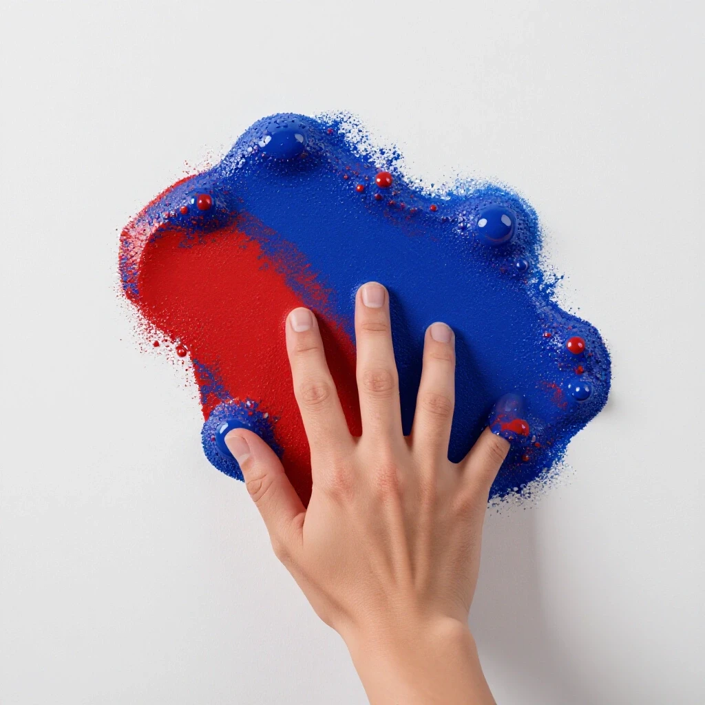 Close-up of a hand peeling bubbling paint from a wall, revealing a vibrant newly painted section and water droplets.