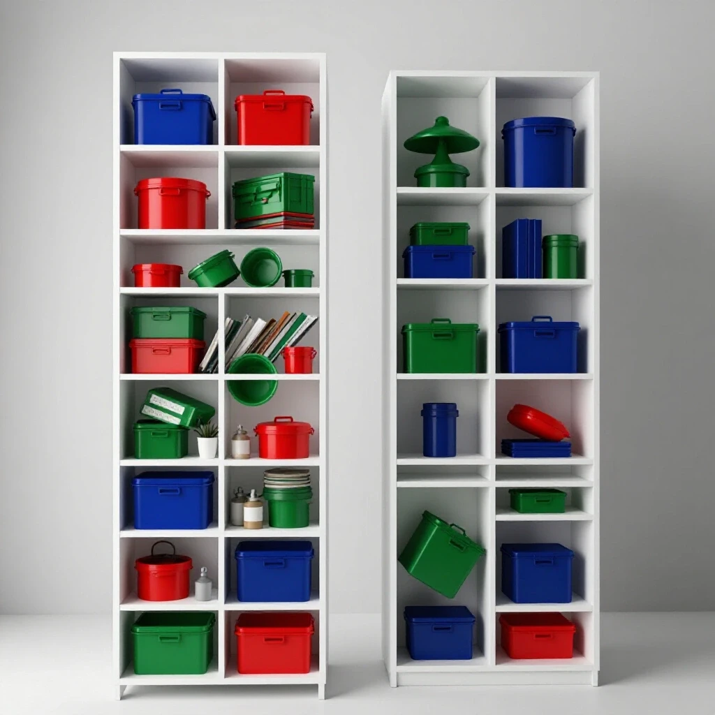 A vibrant split image showing a chaotic open shelving unit contrasted with a neatly organized shelving display, highlighting storage solutions.