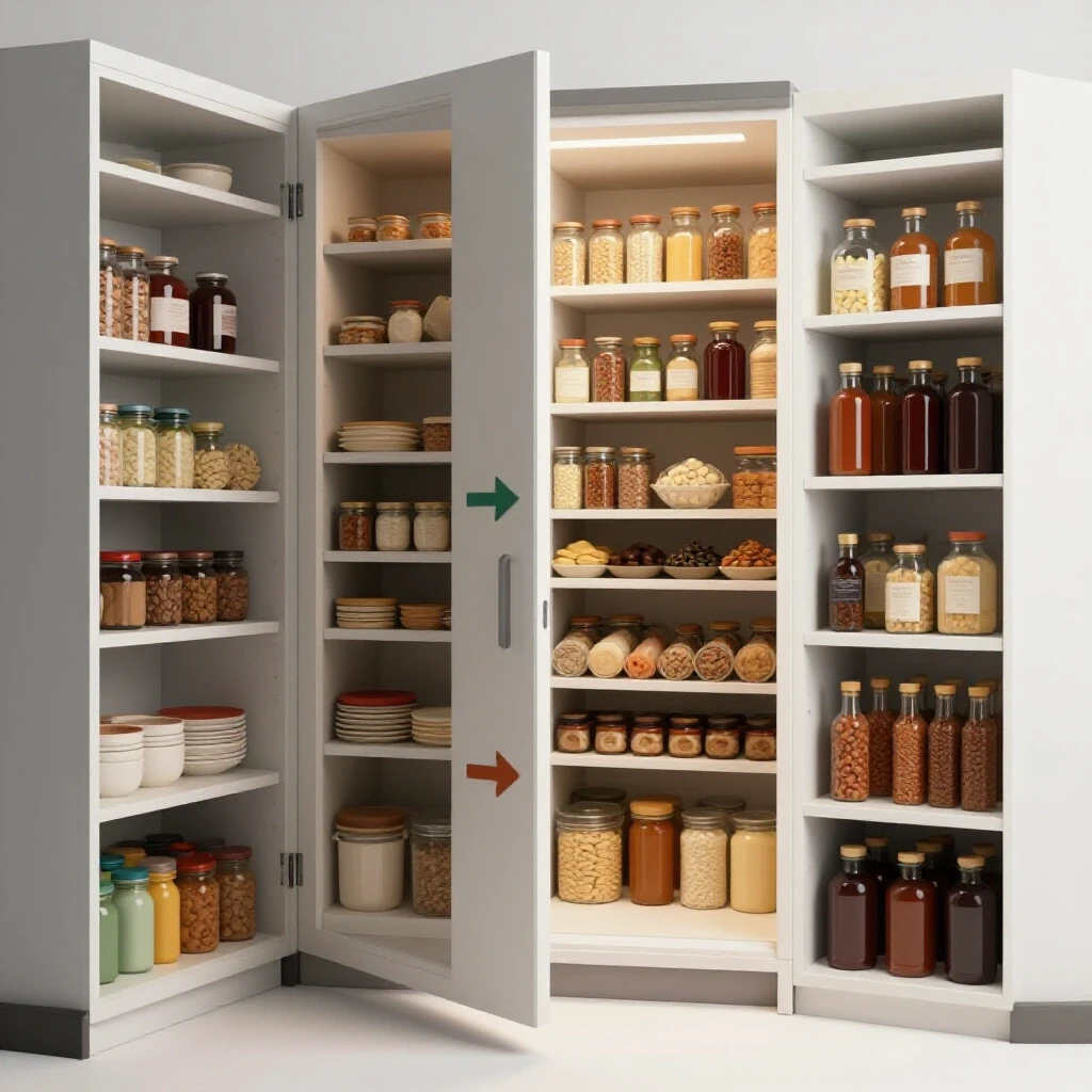 A partially open pantry door showcases a cluttered side versus an organized side, inviting viewers to explore pantry improvement.