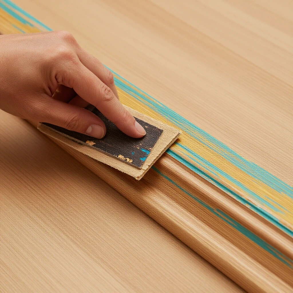 A hand sanding peeling wood trim with a contrasting restored finish nearby, showcasing craftsmanship.
