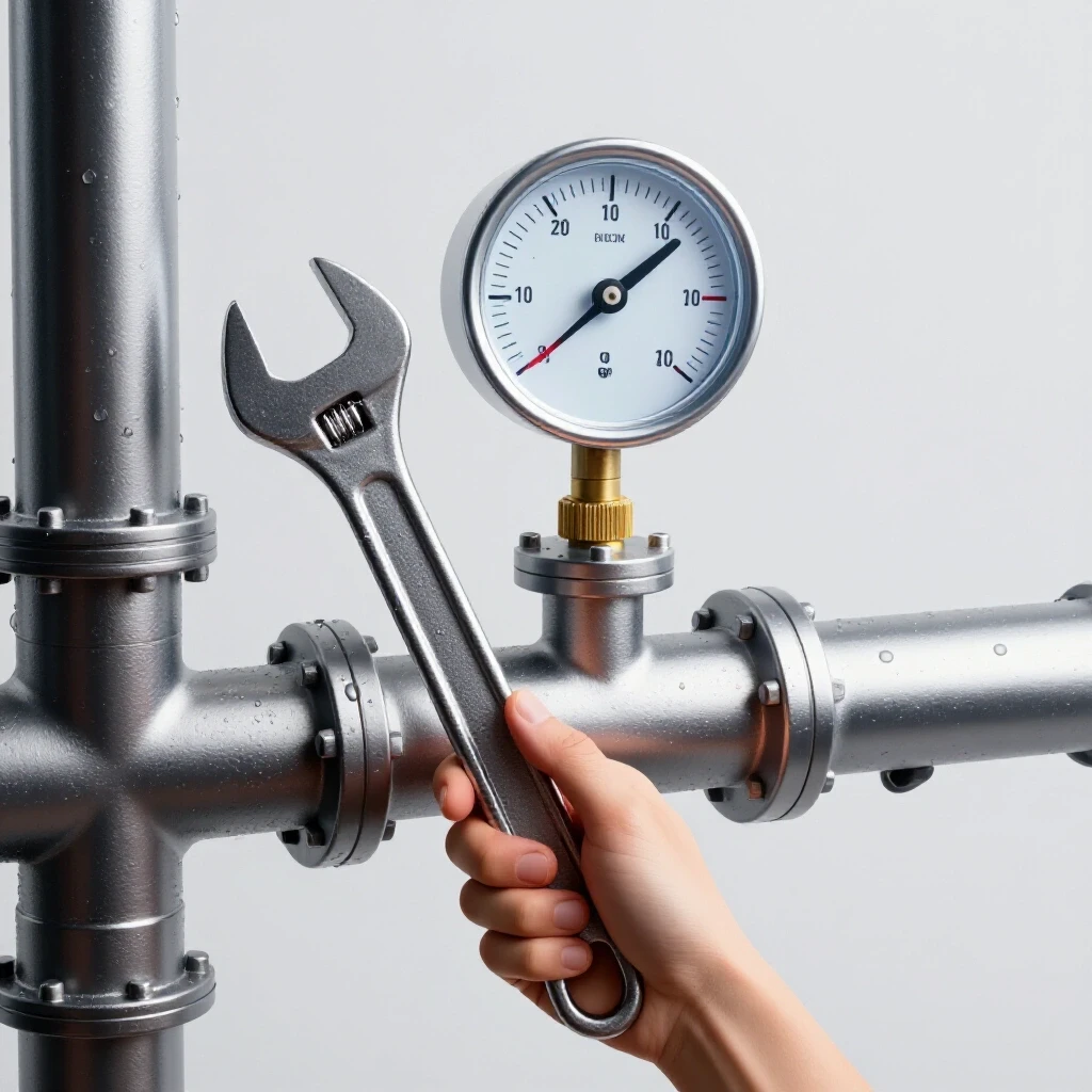 A close-up of a hand holding a shiny wrench next to a metallic pipe with water droplets and a translucent pressure gauge above.