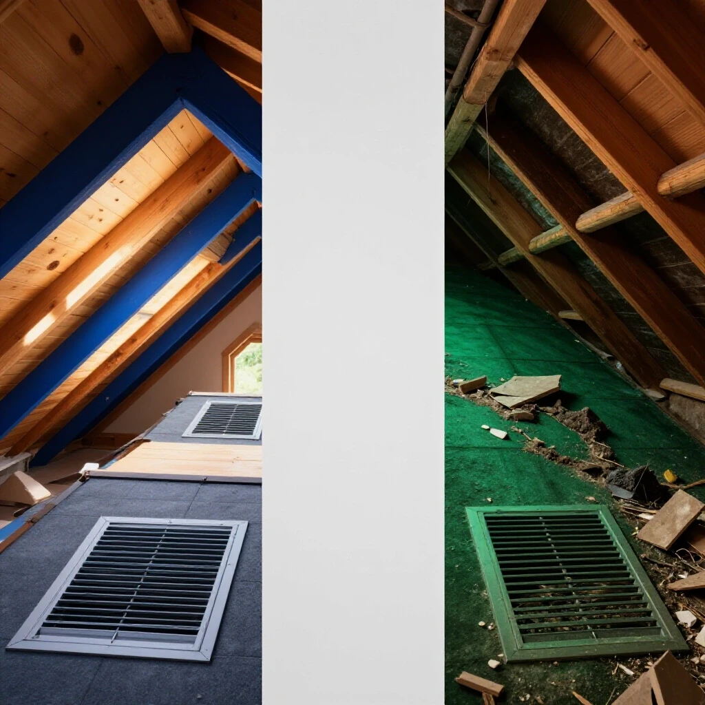 A split image showing a well-ventilated attic with natural light on one side and a chaotic damp attic on the other side, highlighting roof vent problems.