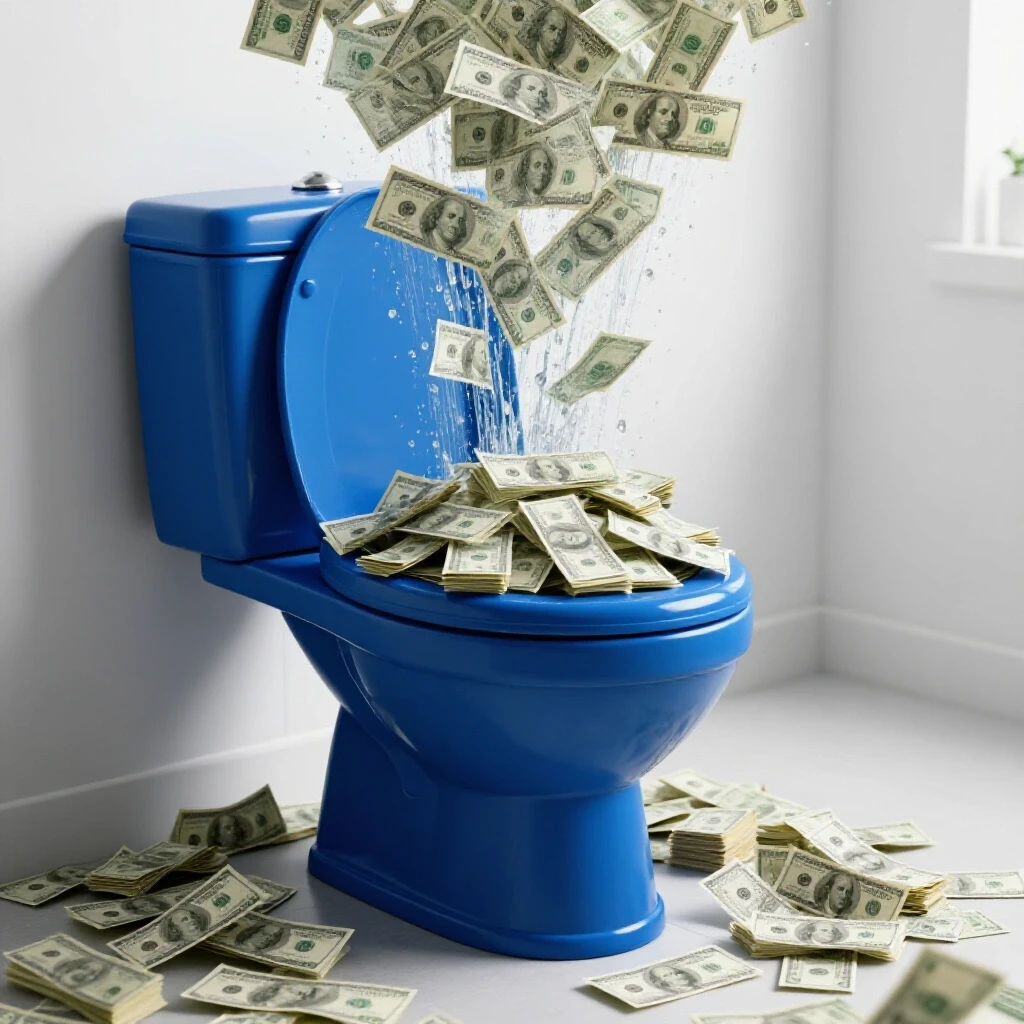 A vibrant overflowing toilet in the foreground, symbolizing water waste and financial implications, against a serene bathroom backdrop.