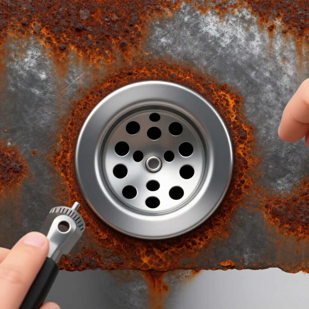 Close-up of a polished tub drain with rusted metal background, highlighting DIY restoration tools and techniques.
