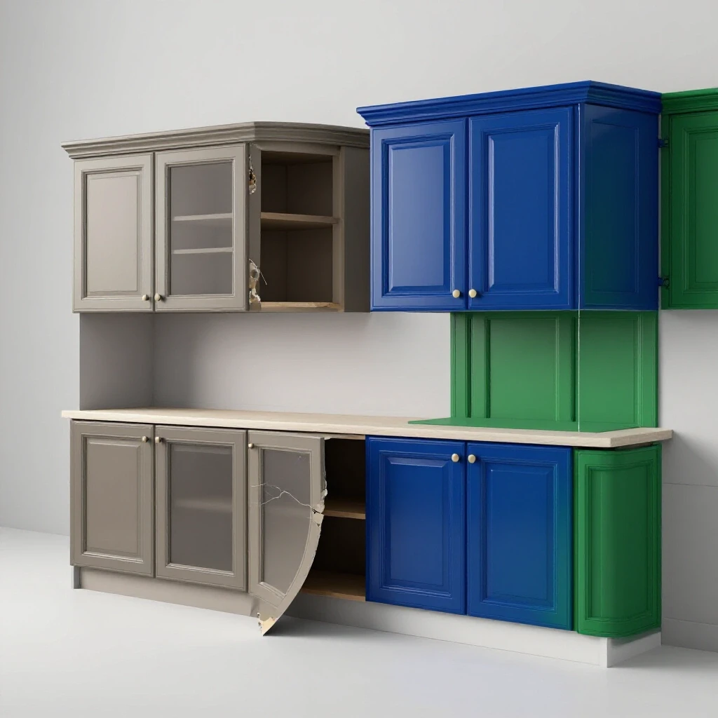 A kitchen displaying sagging cabinets on one side contrasting with vibrant reinforced cabinets on the other side.