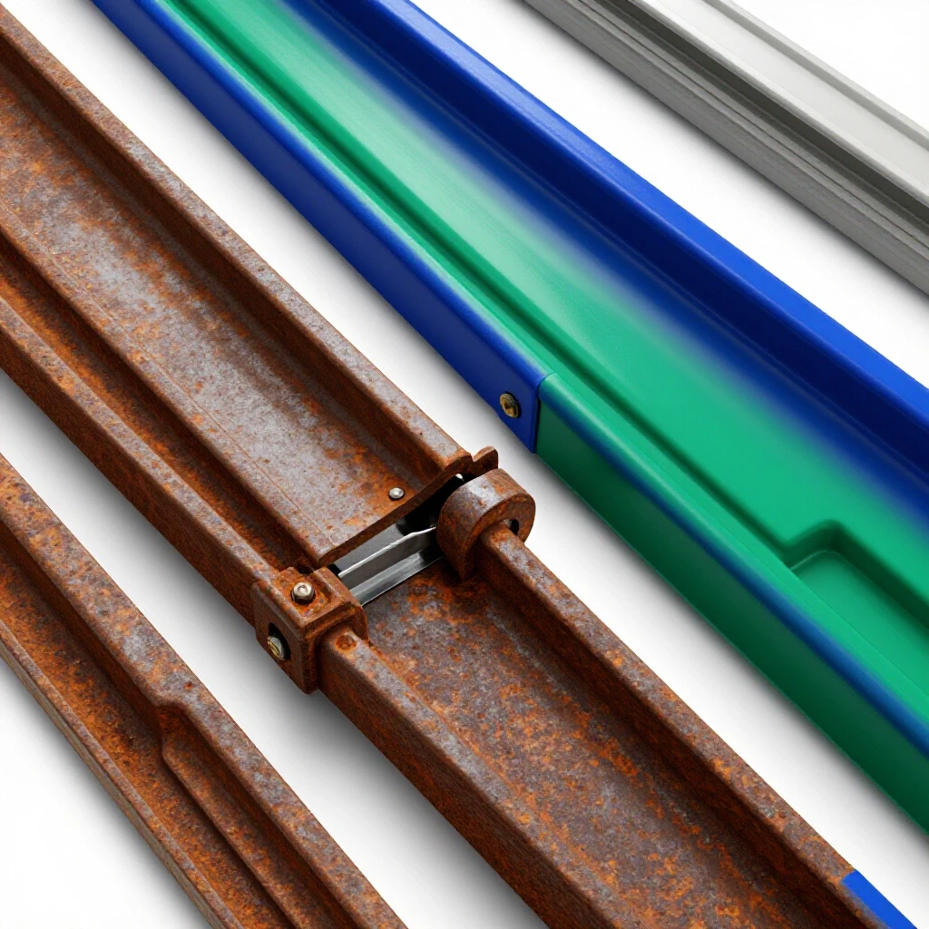 A striking close-up of a sliding door track showing a rusty side and a clean, smooth opposite side, emphasizing transformation.