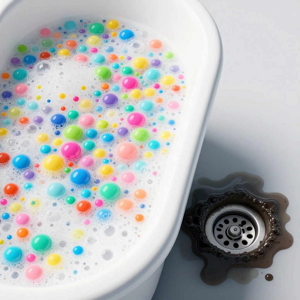 A vibrant bathtub filled with colorful bubbles juxtaposed against a murky clogged drain, symbolizing transformation.