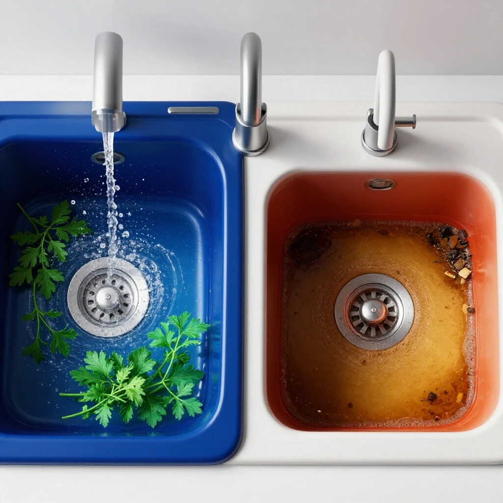 A split image showing a sparkling kitchen sink with fresh herbs contrasting a murky clogged sink, illustrating drain issues.