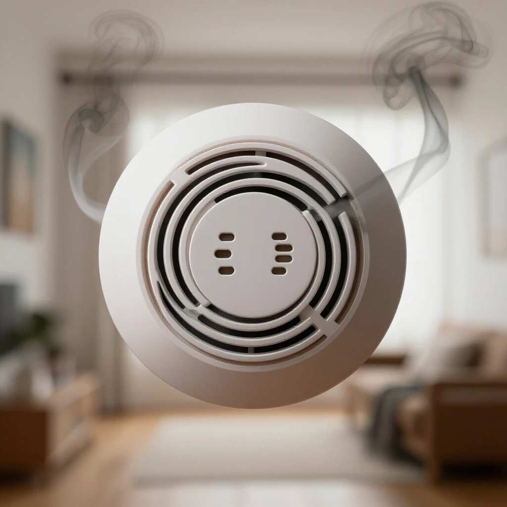 Close-up image of a smoke detector surrounded by faint smoke, set against a bright home interior background