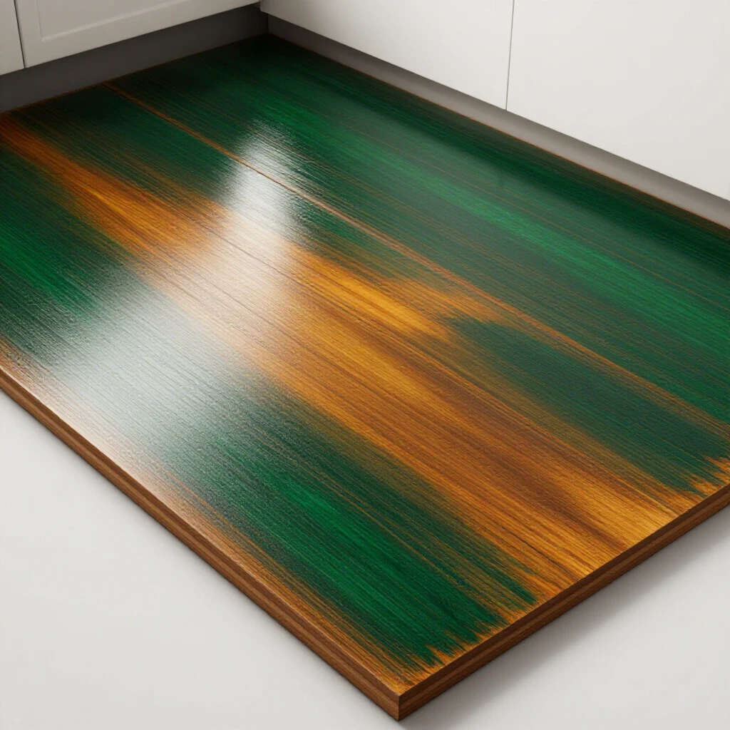 A close-up view of a worn kitchen floor, highlighting a soft spot next to a shiny, well-maintained area under bright lighting.