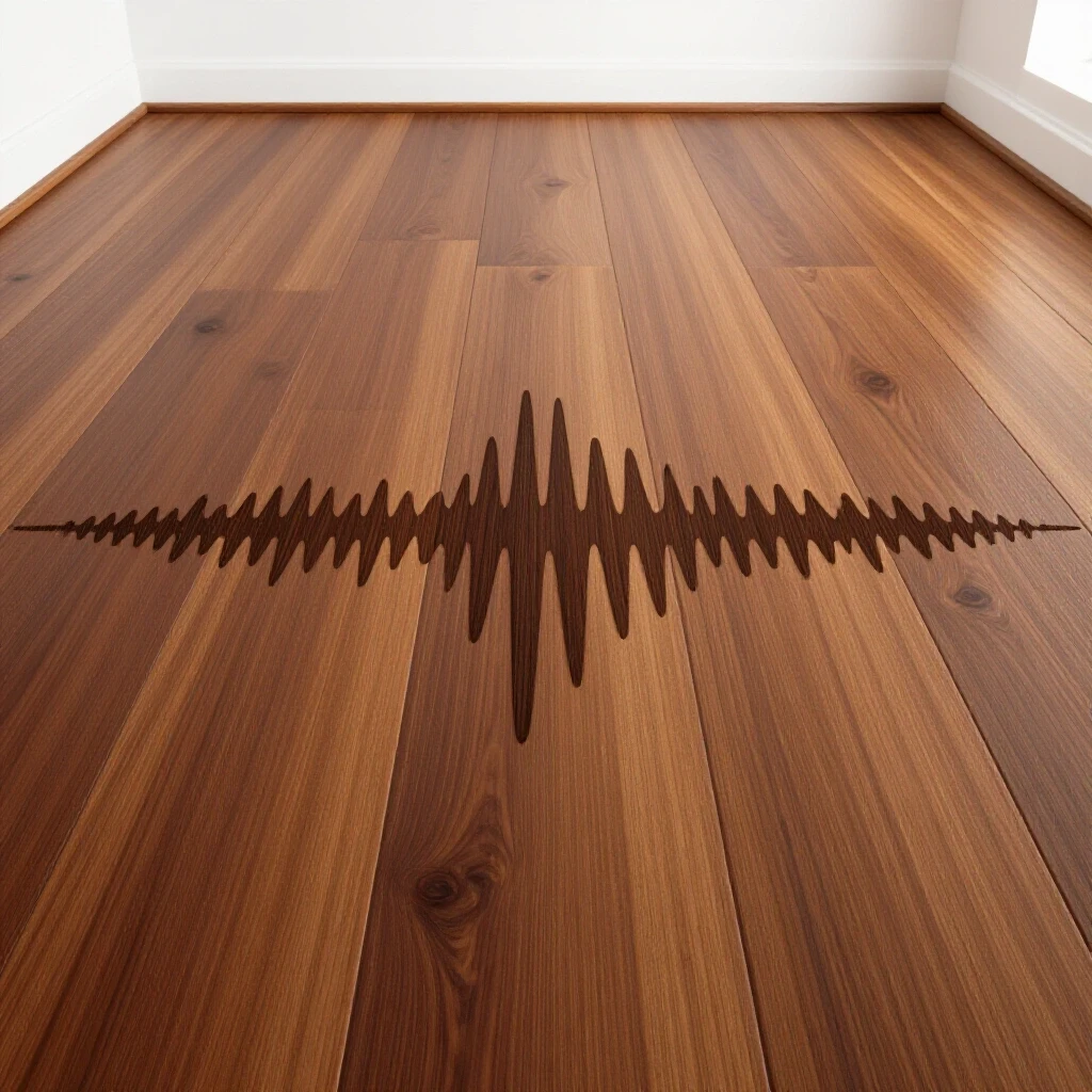 Close-up of a wooden floorboard with sound waves emanating from it, illustrating a squeaky floor problem.