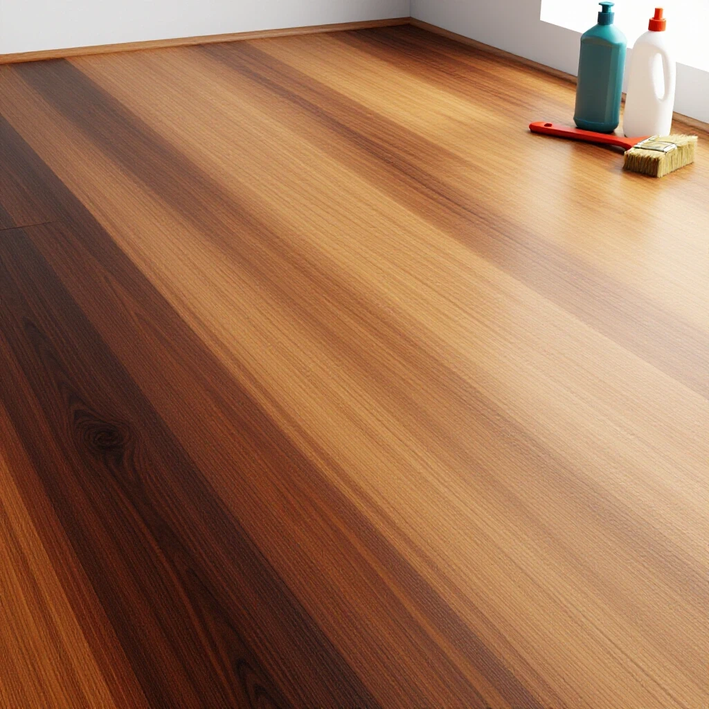 Close-up of a beautifully restored wood floor showing a transition from stained to polished finish, with cleaning supplies nearby.