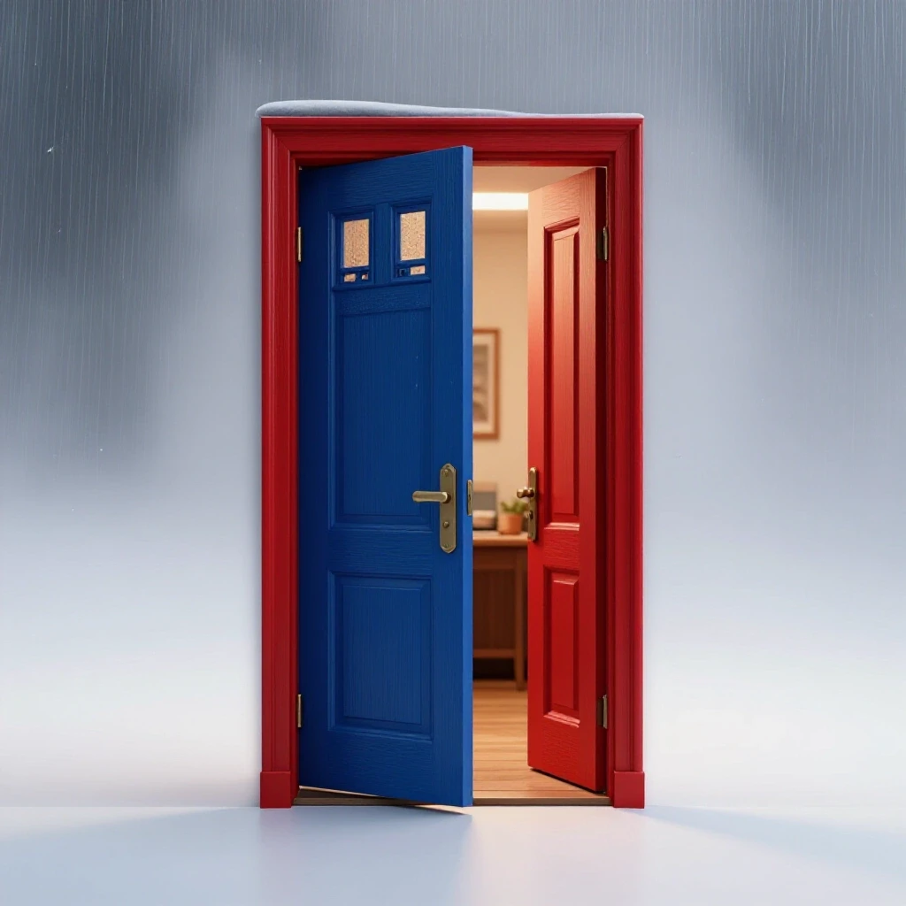 A slightly ajar front door revealing a cozy interior, contrasted by subtle weather elements outside.