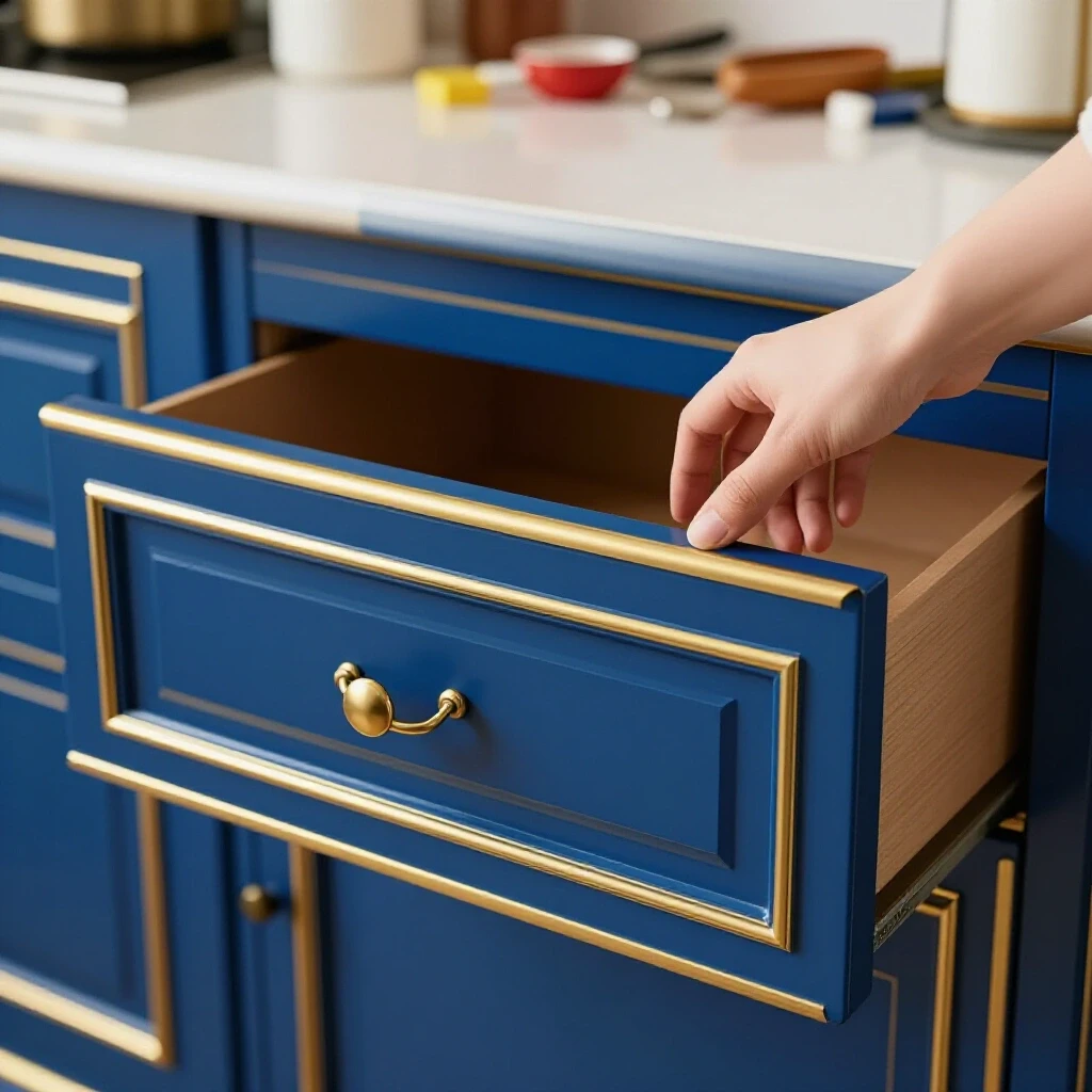 A close-up of a hand smoothly opening a stylish blue cabinet drawer against a blurred cluttered kitchen background.