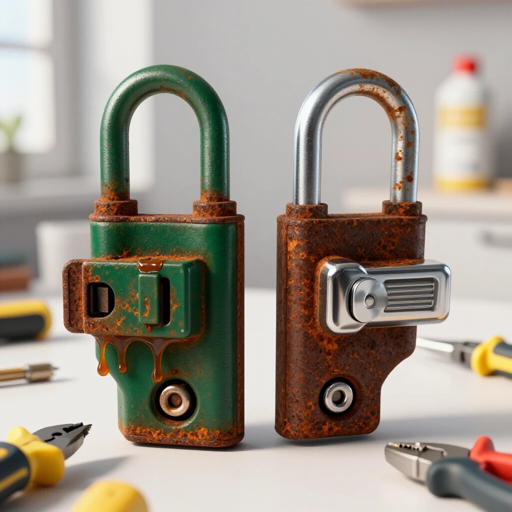 A 3D-rendered image showing a rusted sticky window lock beside a shiny new lock, surrounded by tools in a sunny room.