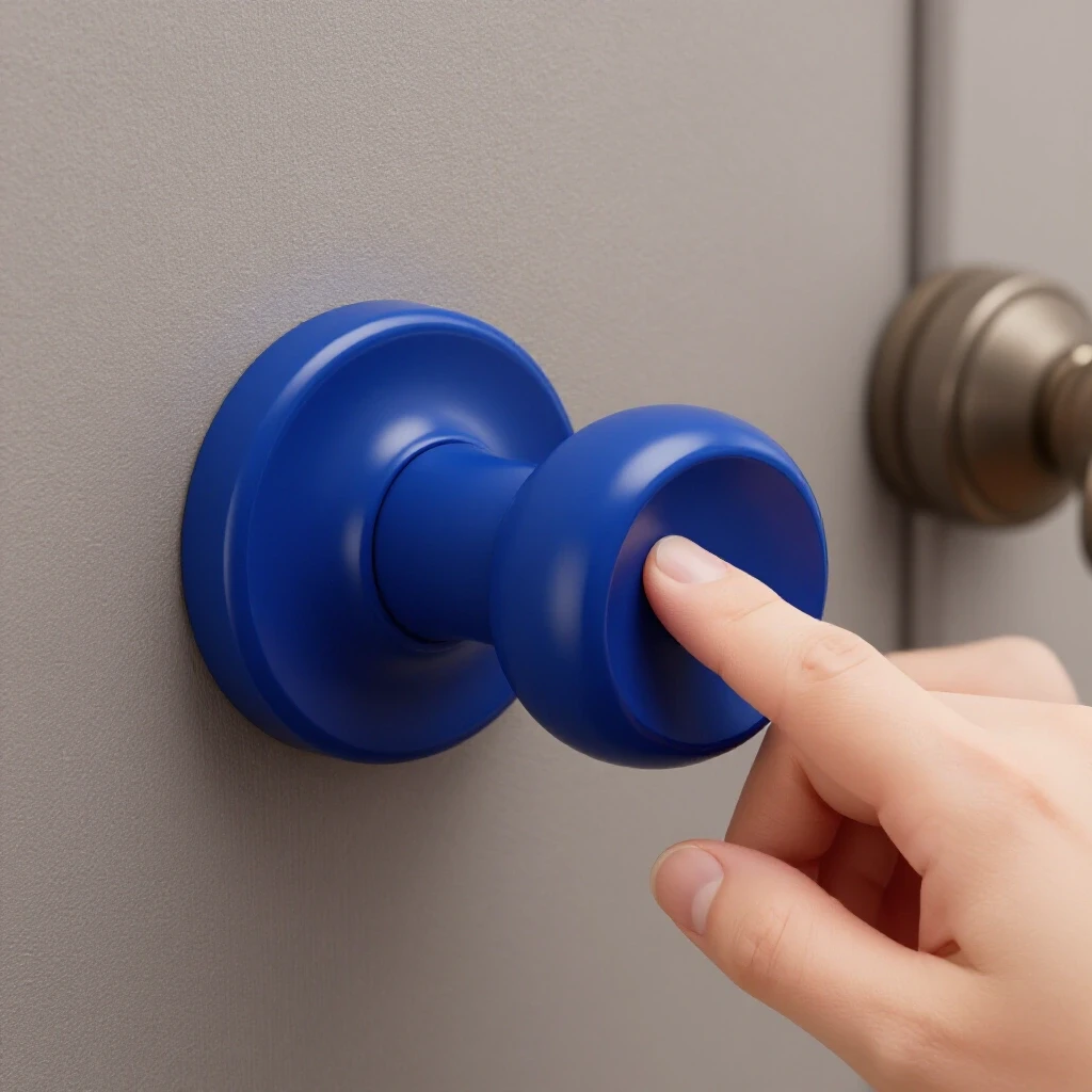 A close-up of a hand turning a glossy royal blue door knob, contrasting with a blurred rustic knob behind it.