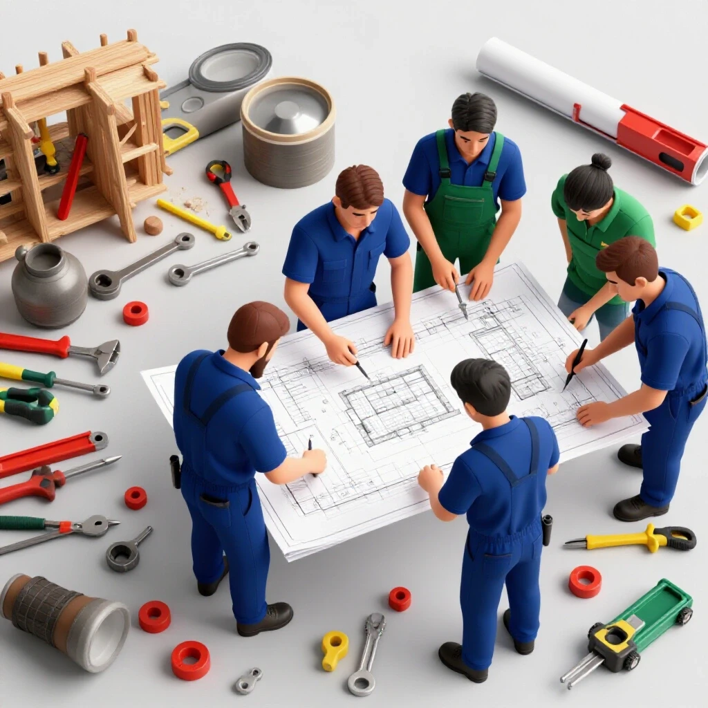 A dynamic split image showing chaotic construction on one side and organized teamwork on the other, emphasizing transformation.
