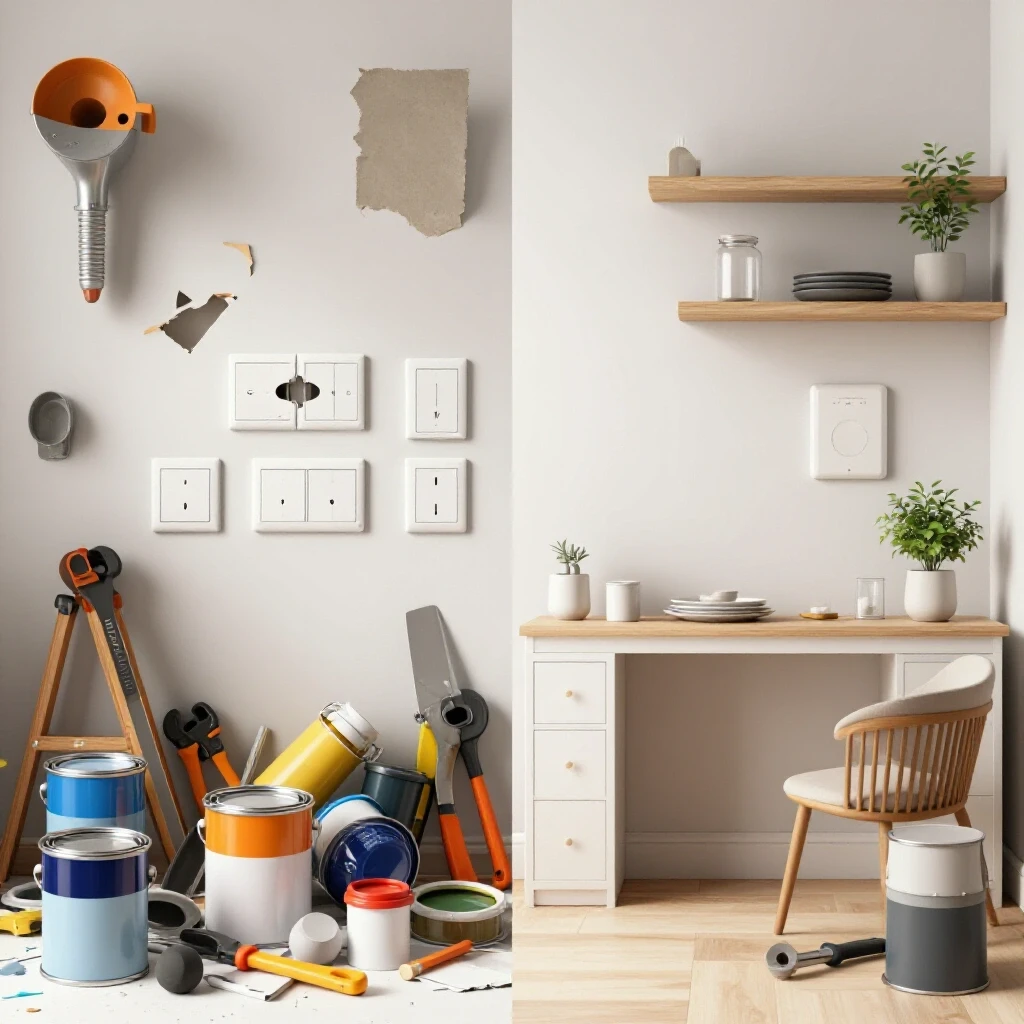 A split-screen image contrasting a chaotic renovation scene with misaligned switches and scattered tools alongside a beautifully organized living space with perfect fixtures.