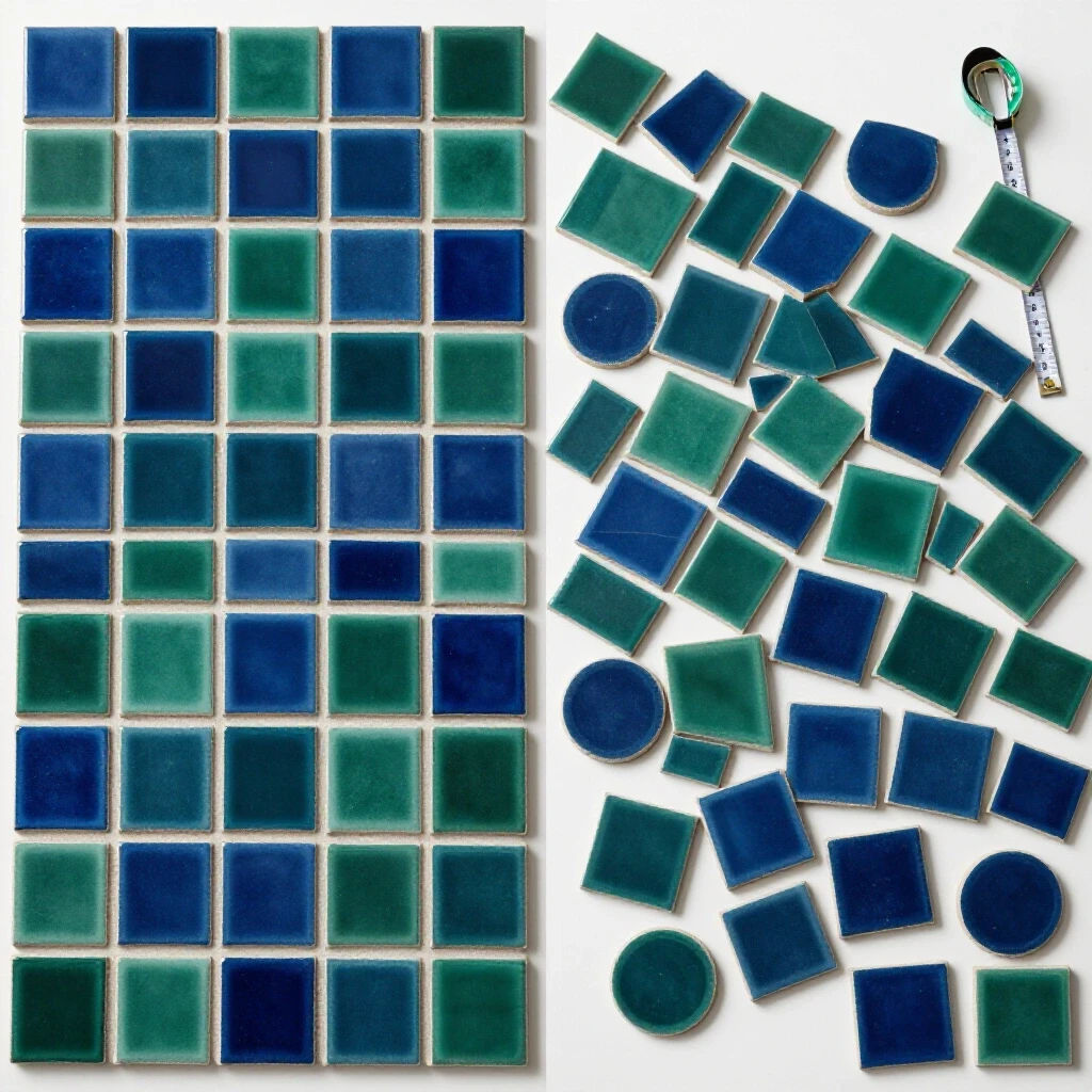 A visual comparison of a neatly arranged tile layout versus a chaotic tile layout, set in a bright studio environment.
