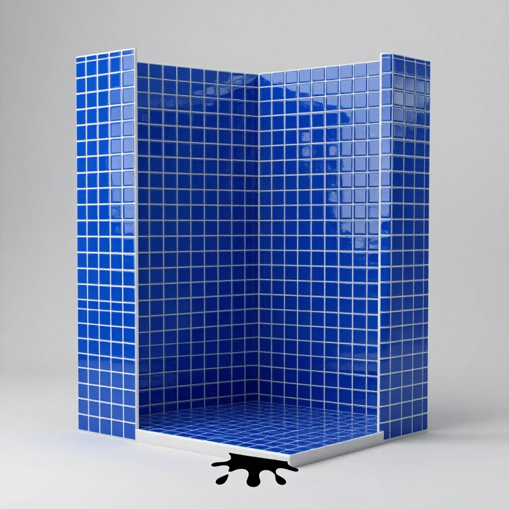 A beautifully tiled shower with royal blue tiles contrasted by a dark silhouette of a dripping water leak in the foreground.