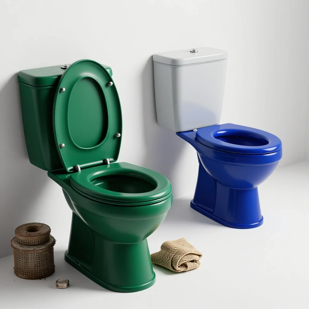 Image showing a renovated bathroom with a modern toilet and a cluttered outdated toilet in contrast, highlighting renovation tips.