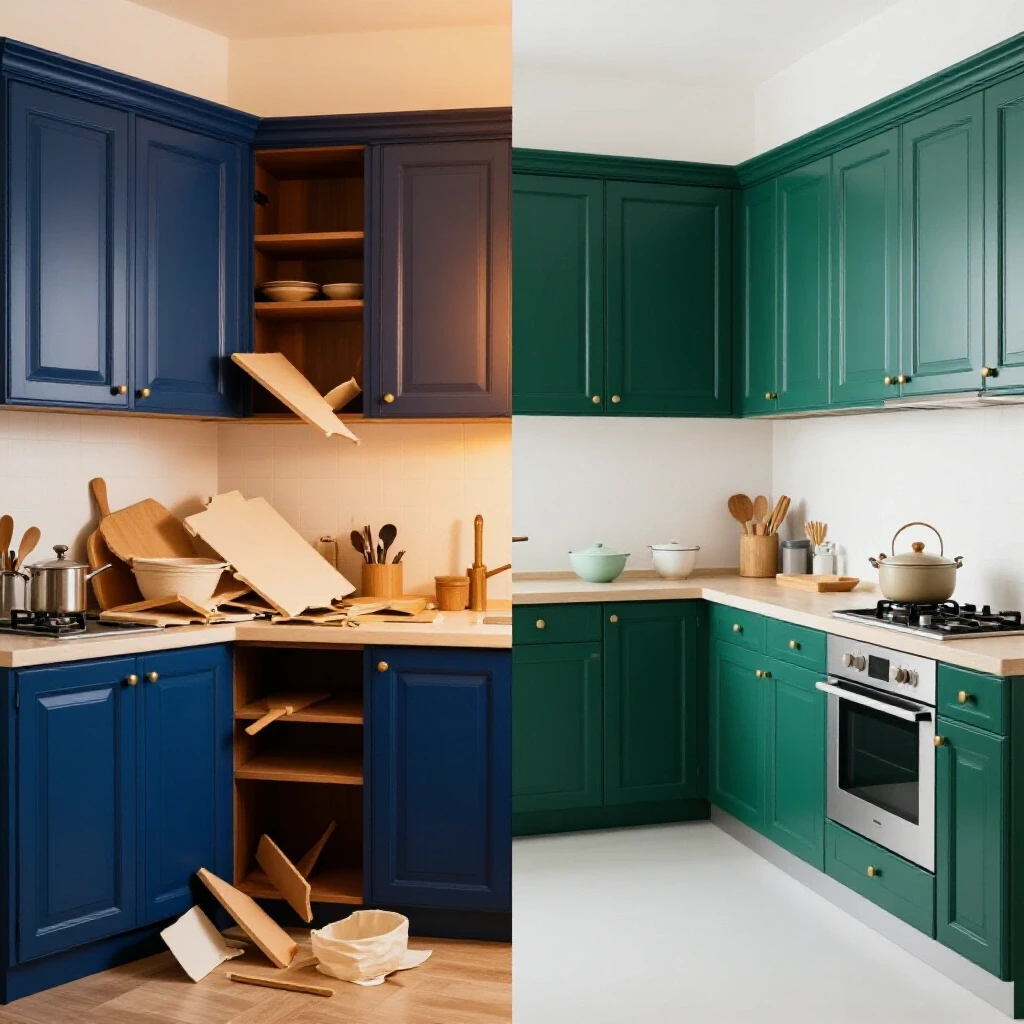 A split-image showing a chaotic kitchen with misaligned cabinet doors juxtaposed with a serene, aligned kitchen, highlighting transformation.