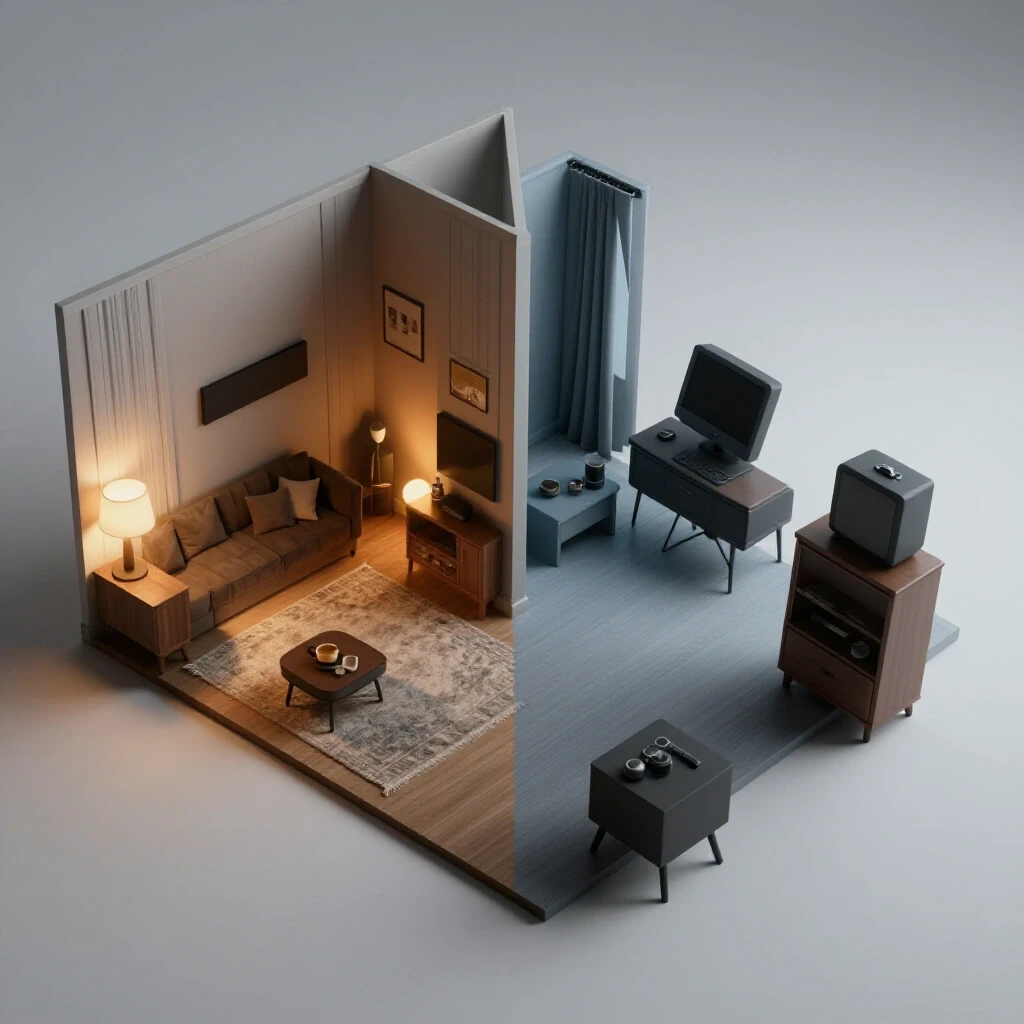 A split-level room showing one side with a cozy rug and the other side with a tilted floor, creating contrasting atmospheres.