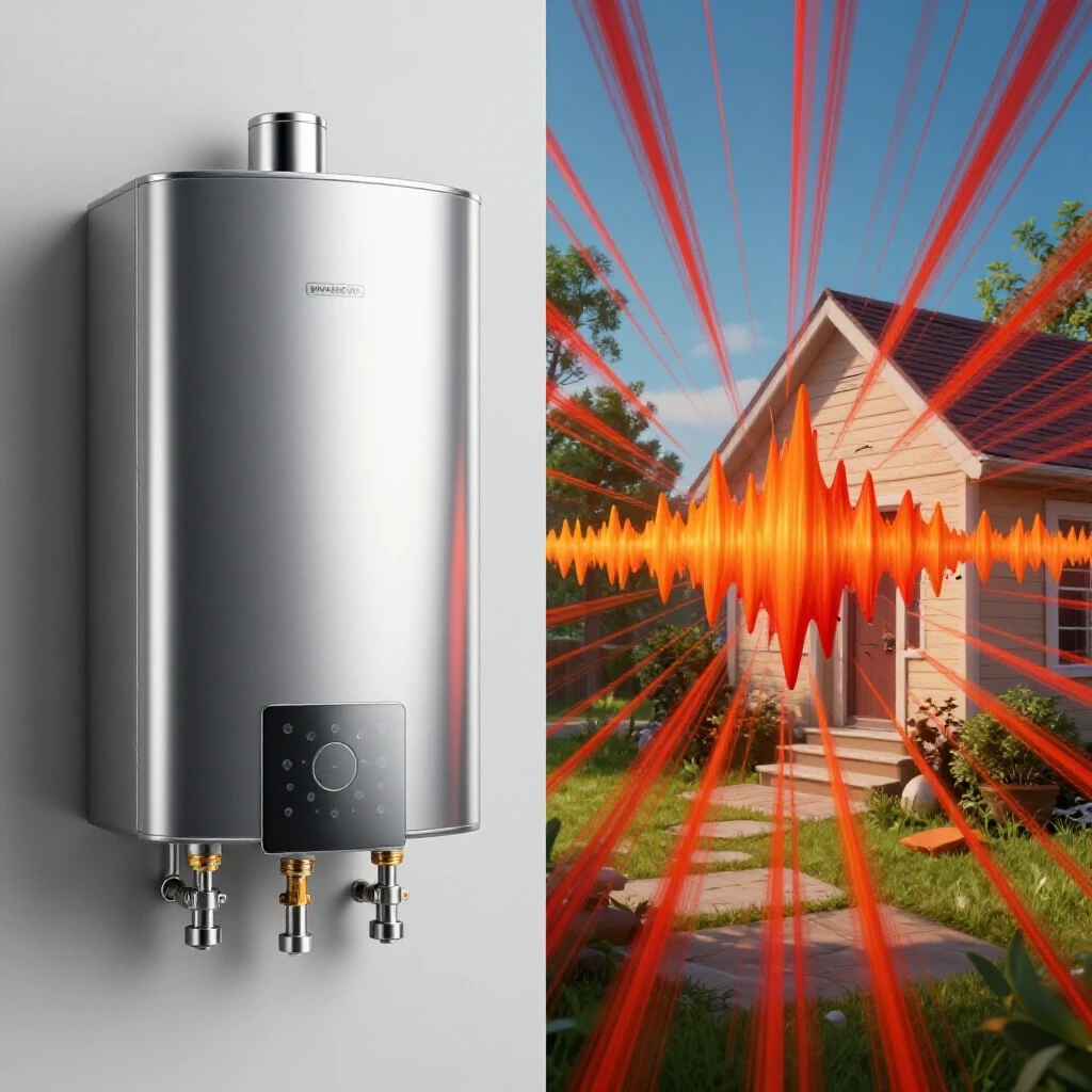 A visually striking split view of a calm home with a shiny water heater and a chaotic scene representing noise issues.