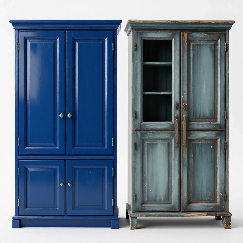 A split image showing a glossy restored kitchen cabinet contrasted with a damaged cabinet due to water swelling, highlighting transformation.
