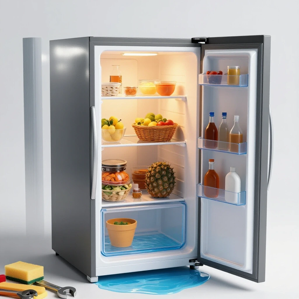 A partially open fridge with water pooling beneath on a light studio background, featuring DIY tools in the foreground.