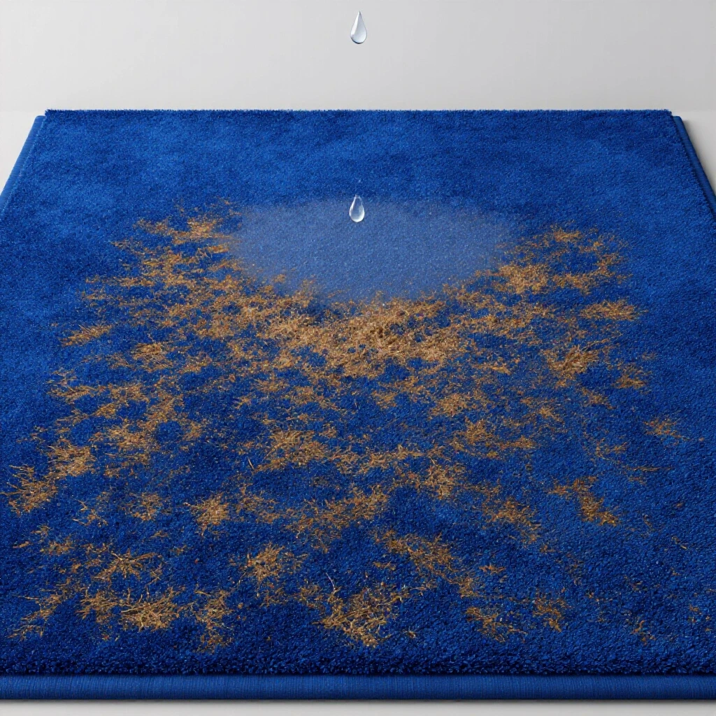Close-up of a vibrant royal blue dry carpet next to a damp patch, highlighting moisture droplets.